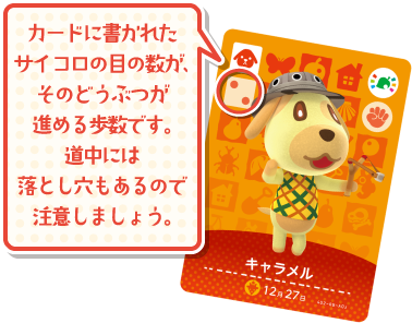 カードに書かれたサイコロの目の数が、そのどうぶつが進める歩数です。道中には落とし穴もあるので注意しましょう。