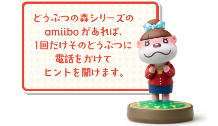 どうぶつの森シリーズのamiiboがあれば、１回だけそのどうぶつに電話をかけてヒントを聞けます。