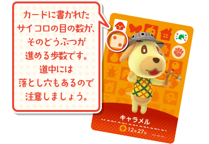 カードに書かれたサイコロの目の数が、そのどうぶつが進める歩数です。道中には落とし穴もあるので注意しましょう。
