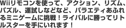 Wiiリモコンを使って、アクション、リズム、パズル、運試しなどなど、バラエティあふれるミニゲームに挑戦！ライバルに勝ってリトルスターを手にいれます！ 