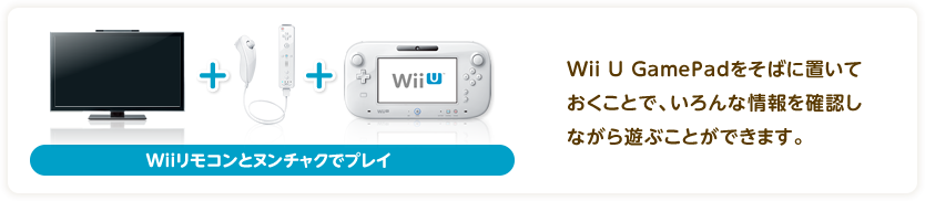 Wiiリモコンとヌンチャクでプレイ Wii U GamePadをそばに置いておくことで、いろんな情報を確認しながら遊ぶことができます。