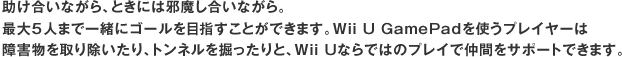 ȂAƂɂ͎זȂBő5l܂ňꏏɃS[ڎwƂł܂BWii U GamePadgvC[͏Q菜Agl@ƁAWii UȂł͂̃vCŒԂT|[gł܂B