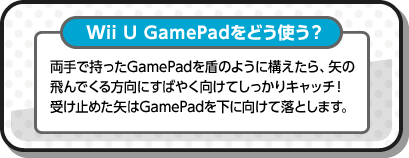 Wii U GamePadをどう使う？ 両手で持ったGamePadを盾のように構えたら、矢の飛んでくる方向にすばやく向けてしっかりキャッチ！受け止めた矢はGamePadを下に向けて落とします。
