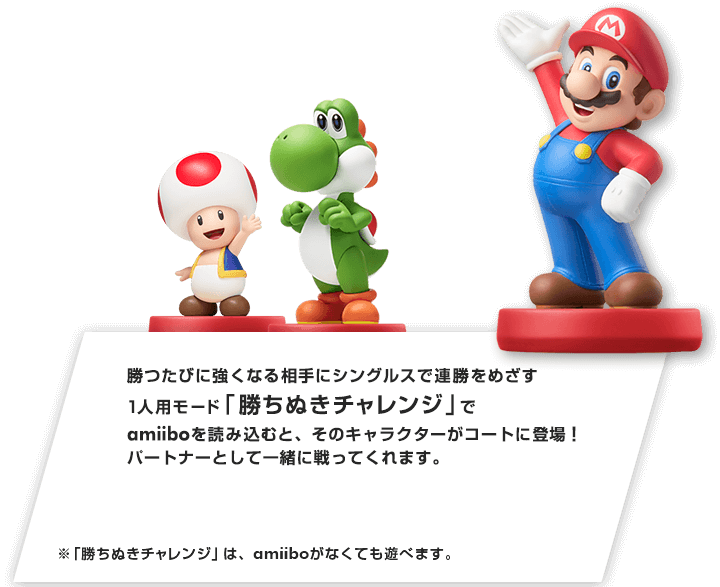 勝つたびに強くなる相手にシングルスで連勝をめざす１人用モード「勝ちぬきチャレンジ」でamiiboを読み込むと、そのキャラクターがコートに登場！パートナーとして一緒に戦ってくれます。※「勝ちぬきチャレンジ」は、amiiboがなくても遊べます。