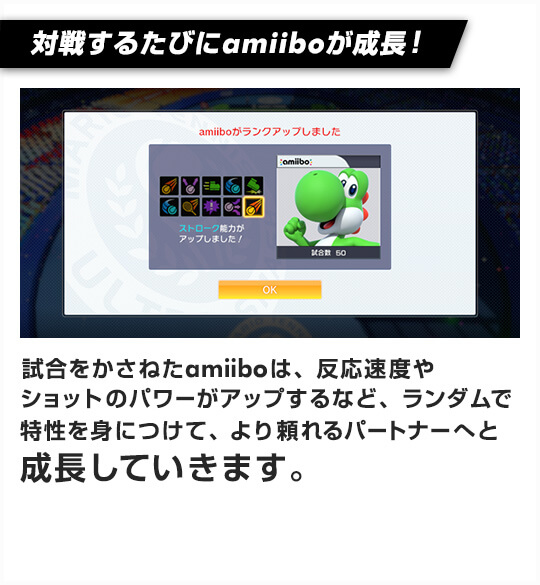 対戦するたびにamiiboが成長！試合をかさねたamiiboは、反応速度やショットのパワーがアップするなど、ランダムで特性を身につけて、より頼れるパートナーへと成長していきます。