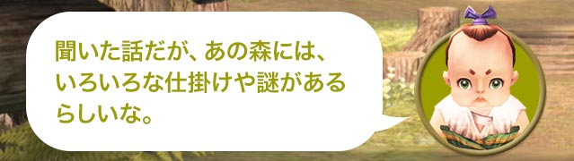 マロ「聞いた話だが、あの森には、いろいろな仕掛けや謎があるらしいな。」