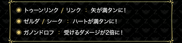 ●トゥーンリンク / リンク ： 矢が満タンに！　●ゼルダ / シーク ： ハートが満タンに！　●ガノンドロフ ： 受けるダメージが2倍に！