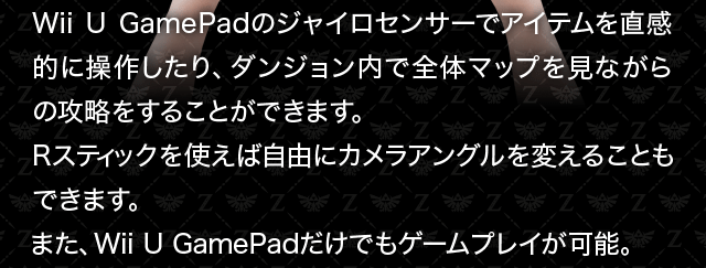 Wii U GamePadのジャイロセンサーでアイテムを直感的に操作したり、ダンジョン内で全体マップを見ながらの攻略をすることができます。Rスティックを使えば自由にカメラアングルを変えることもできます。また、Wii U GamePadだけでもゲームプレイが可能。