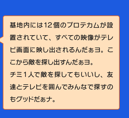 基地内には１２個のプロテカムが設置されていて、すべての映像がテレビ画面に映し出されるんだぁヨ。ここから敵を探し出すんだぁヨ。チミ１人で敵を探してもいいし、友達とテレビを囲んでみんなで探すのもグッドだぁナ。