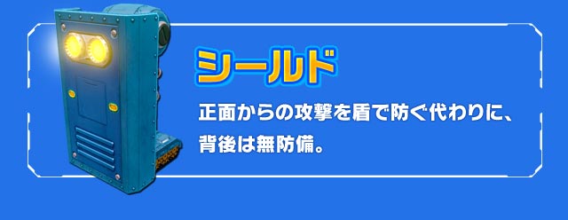 シールド：正面からの攻撃を盾で防ぐ代わりに、背後は無防備。