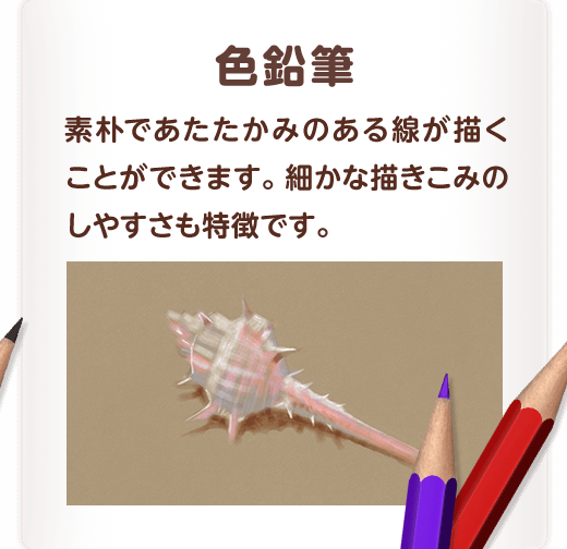 色鉛筆 素朴であたたかみのある線が描くことができます。 細かな描きこみのしやすさも特徴です。