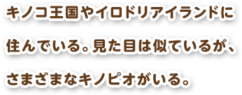 キノコ王国やイロドリアイランドに住んでいる。見た目は似ているが、さまざまなキノピオがいる。