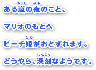 ある嵐の夜のこと、マリオのもとへピーチ姫がおとずれます。どうやら、深刻なようです。