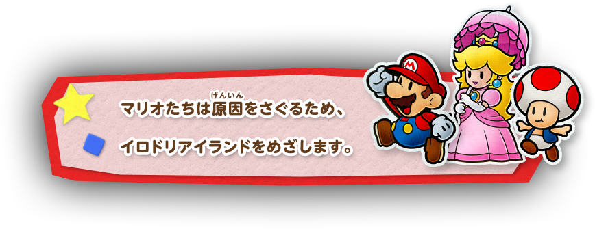 マリオたちは原因をさぐるため、イロドリアイランドをめざします。