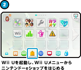 （2）Wii Uを起動し、Wii Uメニューからニンテンドーeショップをはじめる