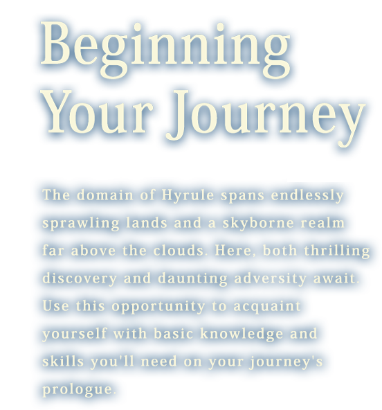 The domain of Hyrule spans endlessly sprawling lands and a skyborne realm far above the clouds. Here, both thrilling discovery and daunting adversity await.
                    Use this opportunity to acquaint yourself with basic knowledge and skills you'll need on your journey's prologue.